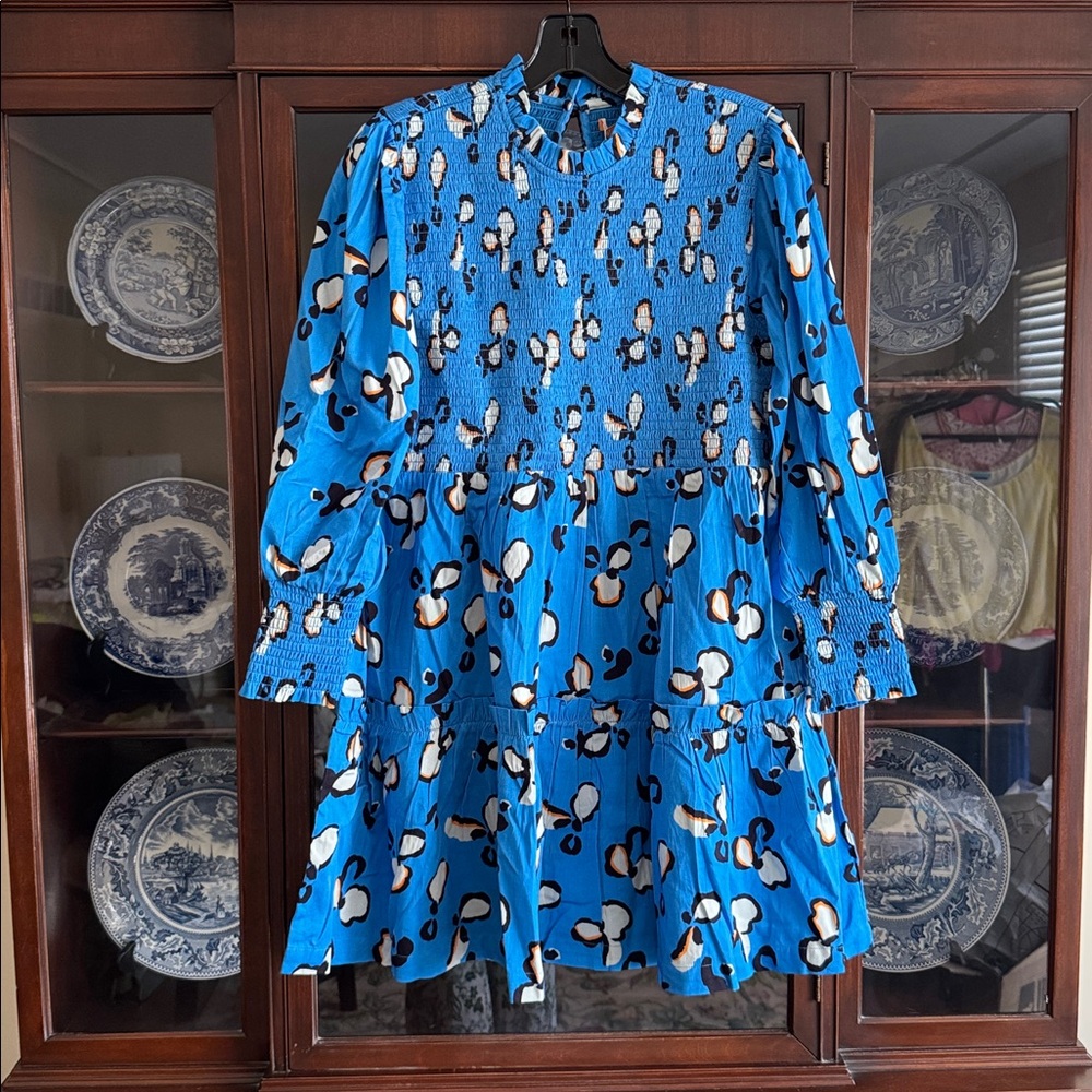Blue Floral-Print Smocked Tiered Mini Dress